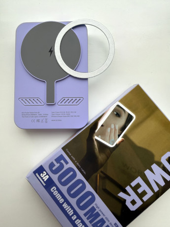 Повербанк 5000 mAh із бездротовою зарядкою, вбудованим дзеркалом і LED-підсвіткою, колір фіолетовий
